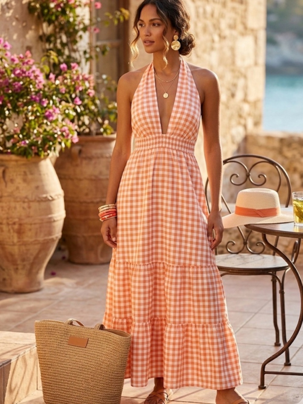 Halter Gingham Maxi Dress in Peach - Women Dresses Maxi NWOT size L